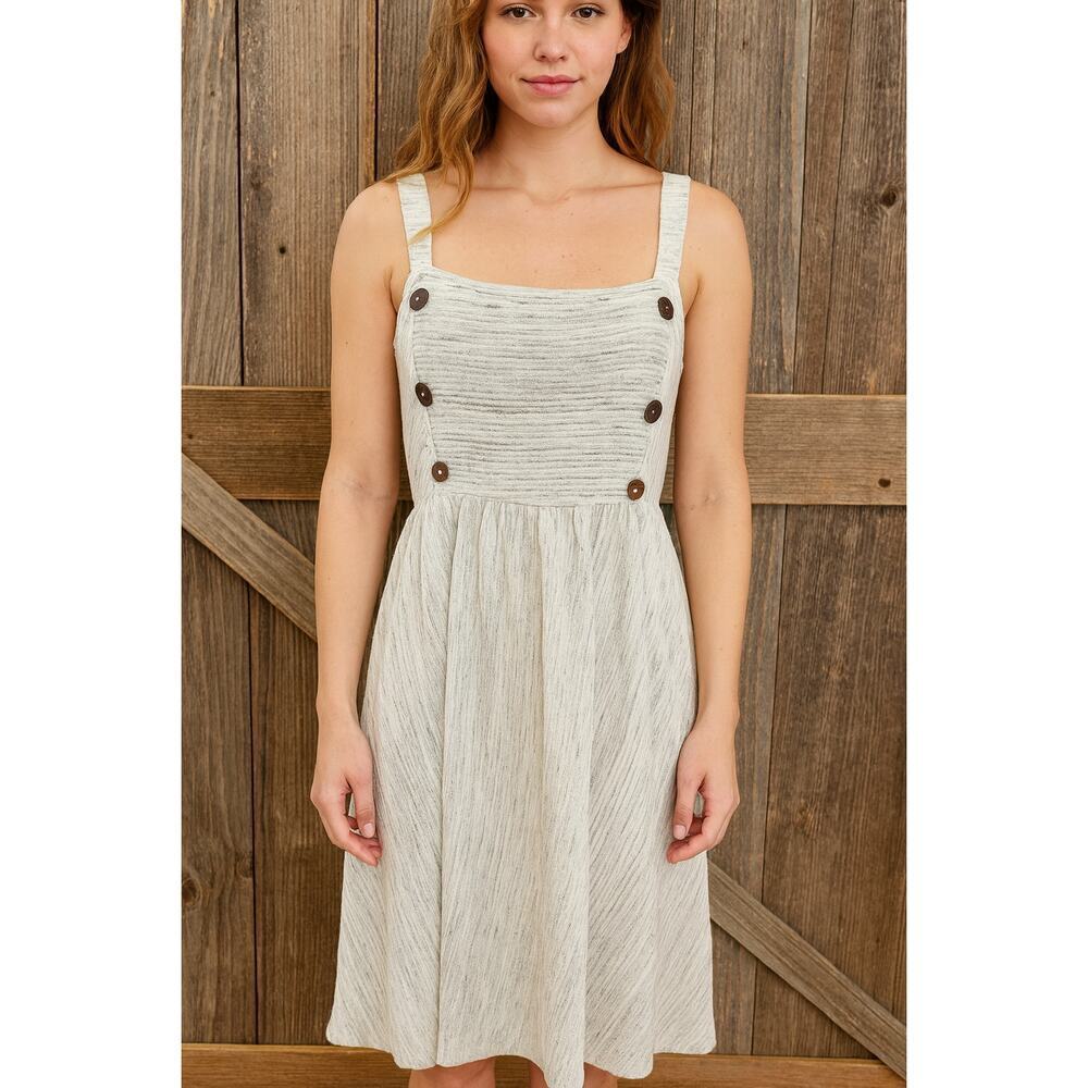 Caution to the wind Smocked sundress minimalist sz M mock buttons grey stretch